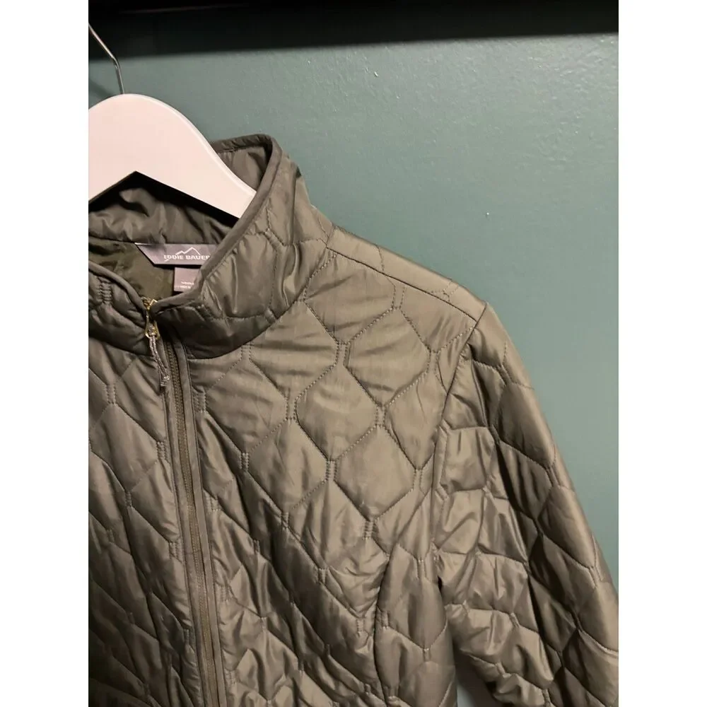 Eddie Bauer Jacket Womens Large Green Quilted Puffer Coat Zip